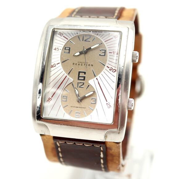 Kenneth Cole Reaction Mens Dual Time Multi Dial Tank Watch 38mm Leather Strap - Picture 1 of 16